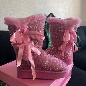 Dolls Kill Pink Fur-Trimmed Crystal Boots